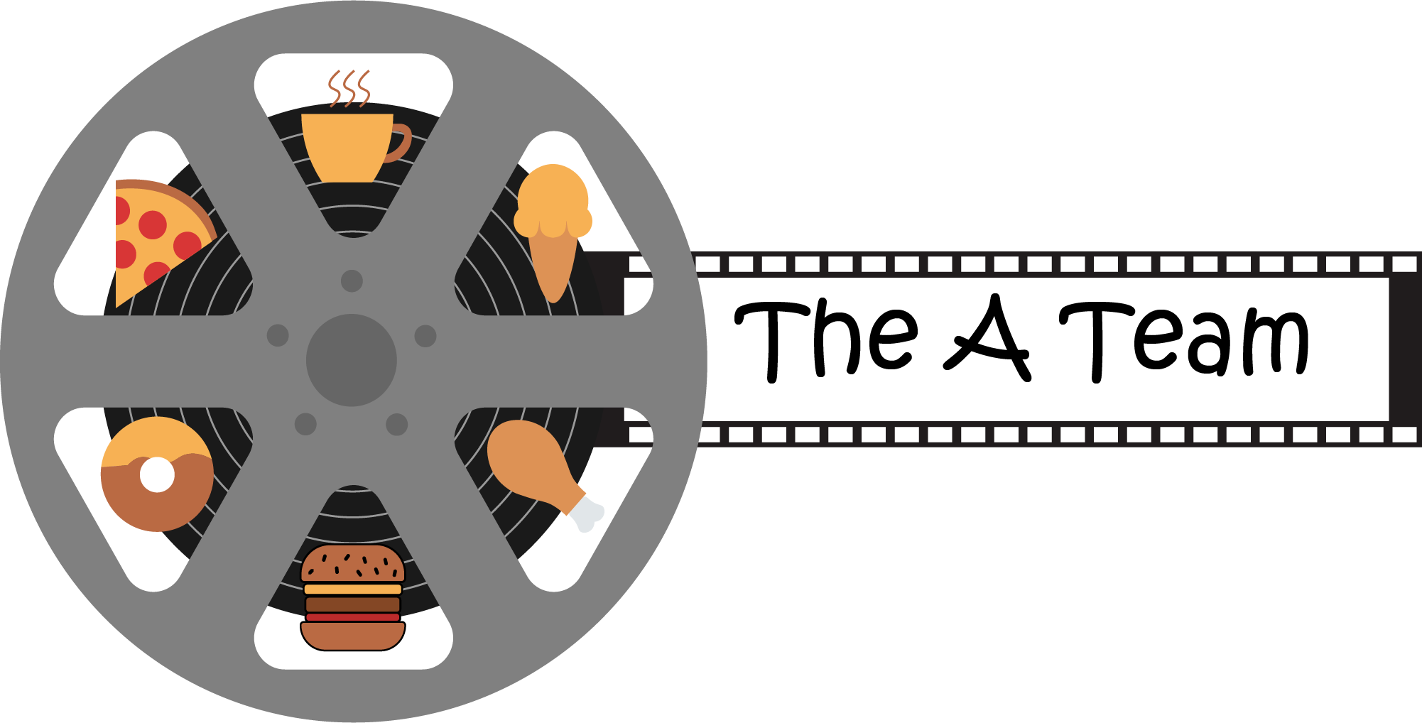 Dinner and a Movie app logo containing movie reel with cup of coffee, ice cream cone, chicken leg, hamburger, doughnut, and slice of pizza showing team name as 'The A Team'.